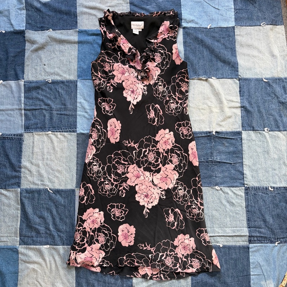 vtg papéll boutique 100% silk pink floral black dress ruffles size 14